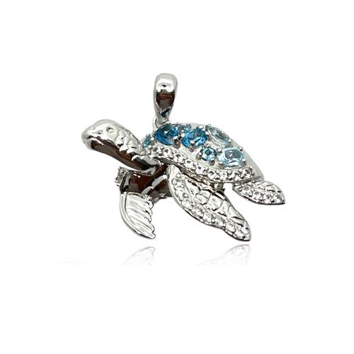 Sterling Silver Mixed Shades Blue Topaz Floating Sea Turtle  Pendant