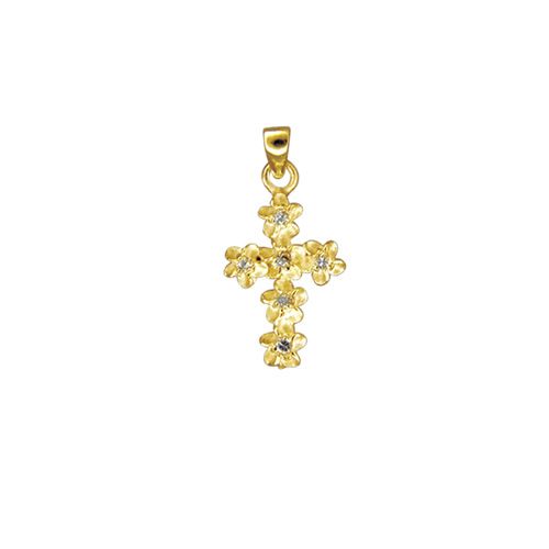 14kt Yellow Gold 6mm Plumeria Leis Cross with CZ Pendant