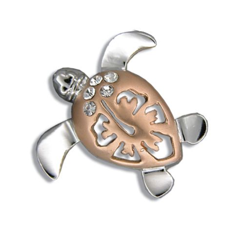 Sterling Silver Rose Two Tone Hibiscus Honu Pendant (S)