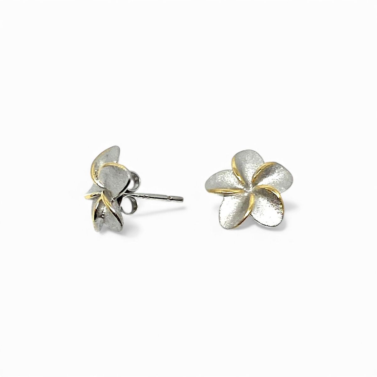 Sterling Silver 10mm Plumeria Pierced Earrings with 14K Yellow Gold Accents