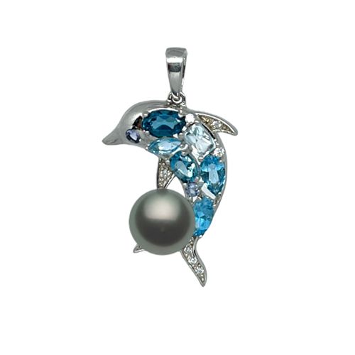 Sterling Silver Mixed Shades Blue Topaz Dolphin Pendant with Tahitian Pearl