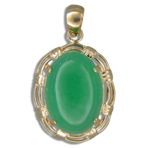 14KT Gold Cut-In Rope Design with Oval Shaped Green Jade Pendant