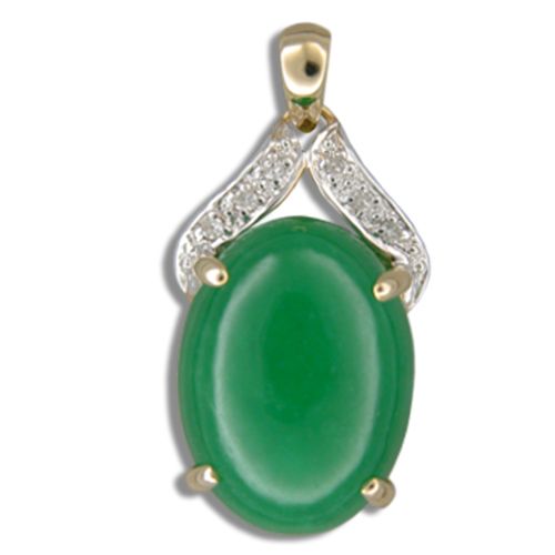 14KT Yellow Gold Oval Shaped Green Jade with Diamond Pendant