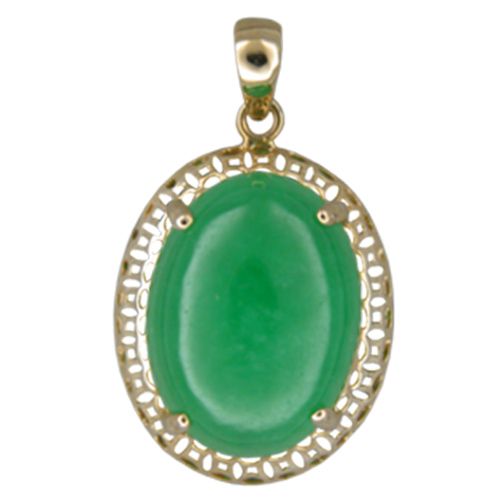14KT Yellow Gold Cut-In Chinese Pattern Design with Oval Shaped Green Jade Pendant
