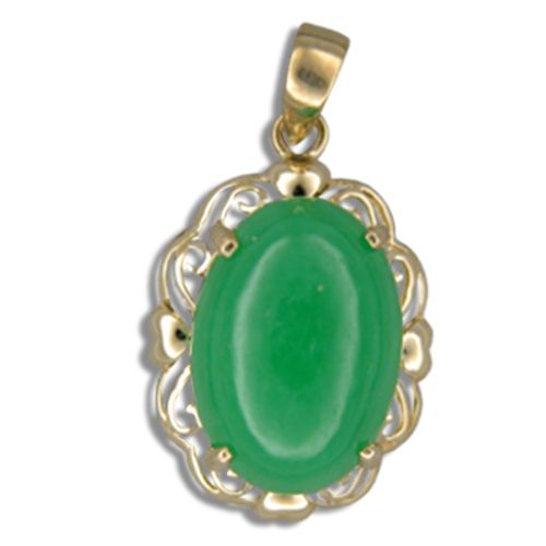 14KT Yellow Gold Cut-In Hearts with Oval Shaped Green Jade Pendant