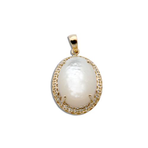 14KT Yellow Gold Cut-In Chinese Pattern Design with Oval Shaped MOP (Mother of Pearl Shell) Pendant