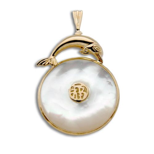 14KT Yellow Gold Dolphin with Good Fortune Symbol and Doughnut Shaped MOP (Mother of Pearl Shell) Pendant