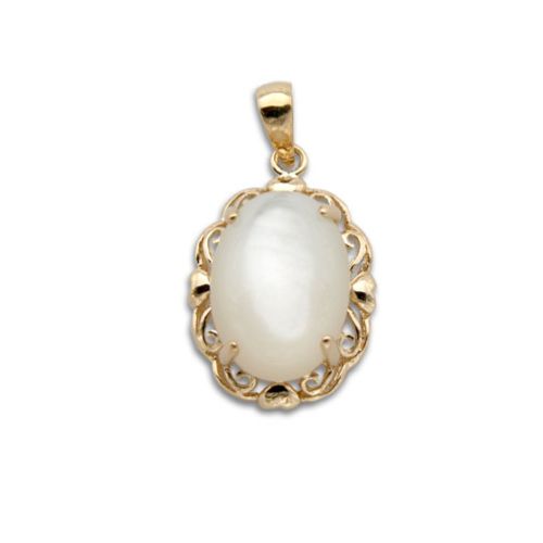 14KT Yellow Gold Cut-In Hearts with Oval Shaped MOP (Mother of Pearl Shell) Pendant