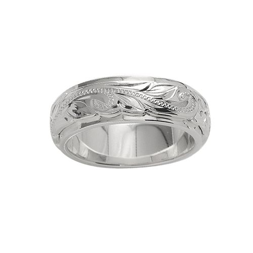 Sterling Silver 6MM Hawaiian Plumeria and Scroll Ring with Plain Edge
