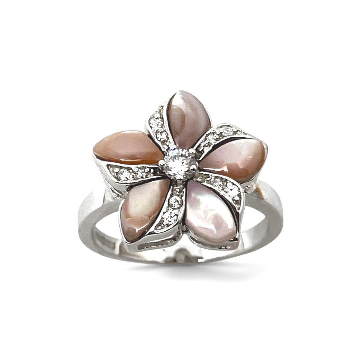 Sterling Silver Plumeria Ring with Pink Mother of Pearl Shell Inlay