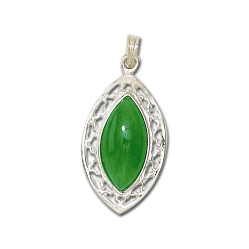 Sterling Silver Marquise Shaped Green Jade with Cut-In Pattern Pendant 