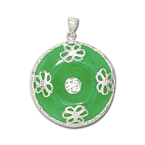 Sterling Silver Chinese Good Fortune Green Jade Dish Pendant