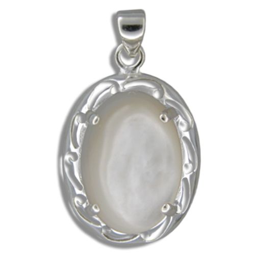 Sterling Silver Oval Shaped MOP (Mother of Pearl Shell) with Cut In Waves Design Pendant