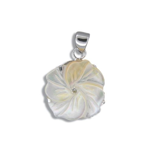 Sterling Silver Hawaiian Plumeria 18mm MOP (Mother of Pearl Shell) with CZ Pendant 
