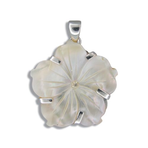 Sterling Silver Hawaiian Plumeria 25mm MOP (Mother of Pearl Shell) with CZ Pendant 