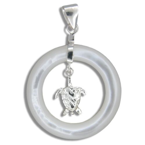 Sterling Silver Dangling Hawaiian Honu in Round Shaped MOP (Mother of Pearl Shell) Pendant