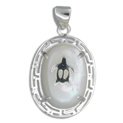 Sterling Silver Hawaiian Honu on Oval Shaped MOP (Mother of Pearl Shell) Pendant