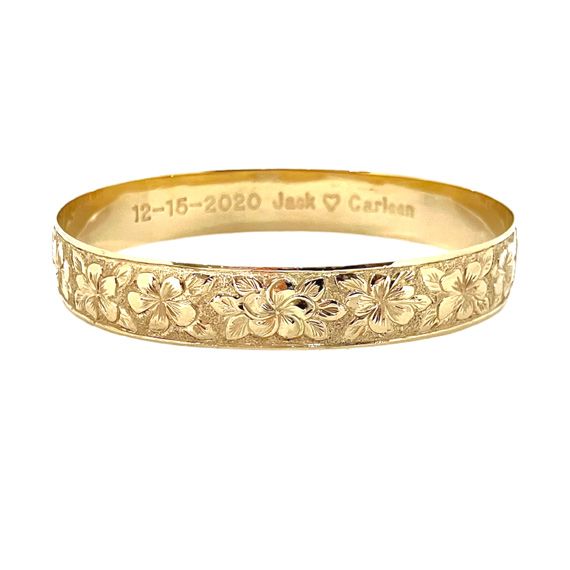 14KT Gold Hawaiian Bangle with Fancy Plumeria and Hibiscus Design