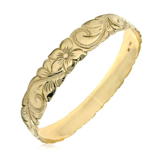 14KT Gold Hawaiian Bangle with Cut-out Plumeria Design