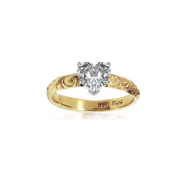 14KT Gold Hawaiian Engagement Ring with Heart shape Cubic Zirconia