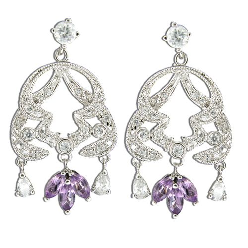 Sterling Silver Ribbon Design with Clear and Amethyst Purple CZ Post Earrings