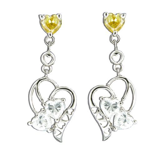 Sterling Silver Citrine Yellow Heart with Dangling Clear CZ Hearts in Heart Post Earrings 