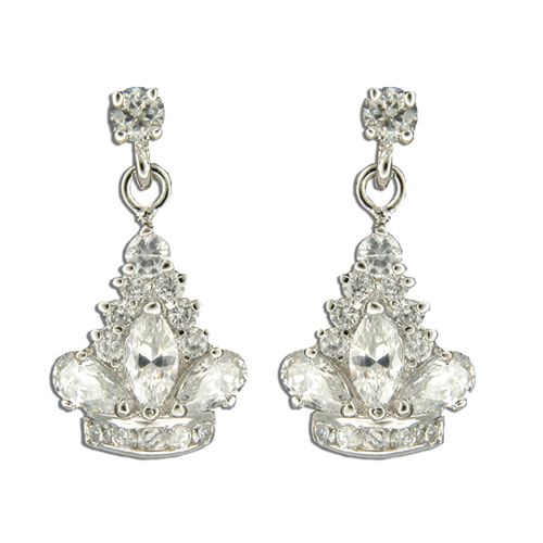 Sterling Silver Dangling Crown with Clear CZ Post Earrings 