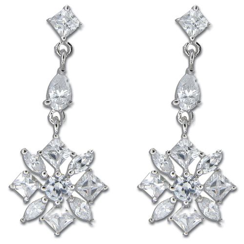 Sterling Silver Dangling Clear CZ Snowflake Post Earrings 
