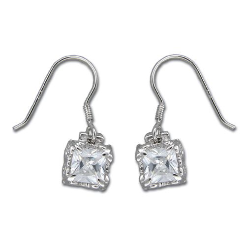 Sterling Silver Prayer Box Design with Square-Cut Clear CZ Fish Wire Earrings 