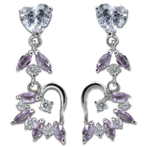 Sterling Silver Dangling Fancy Heart with Amethyst Purple CZ Post Earrings
