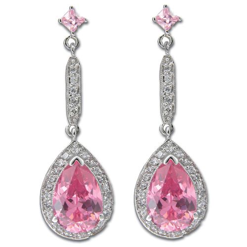 Sterling Silver Bar and Large Tear Drop Shaped Pink Tourmaline CZ Post Earrings 
