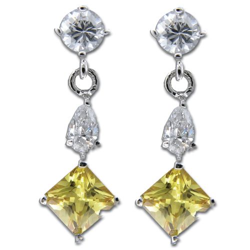Sterling Silver Clear and Citrine Yellow CZ Dangling Earrings 