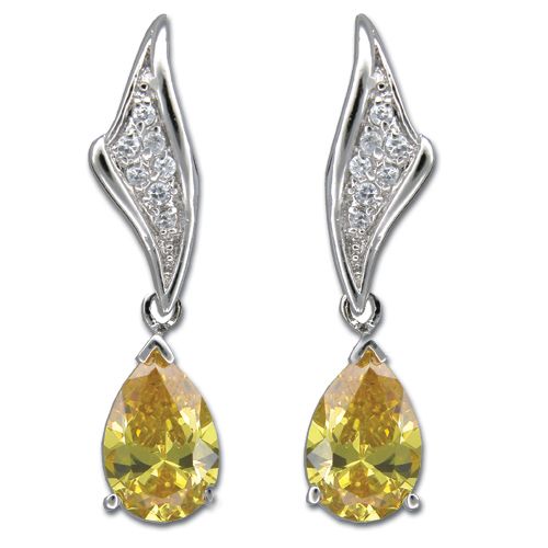 Sterling Silver Ribbon Design with Tear-Drop shaped Citrine Yellow CZ Drop Earrings 