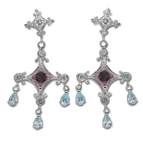 Sterling Silver Double Cross with Aquamarine Blue CZ and Tourmaline Purple CZ Earrings