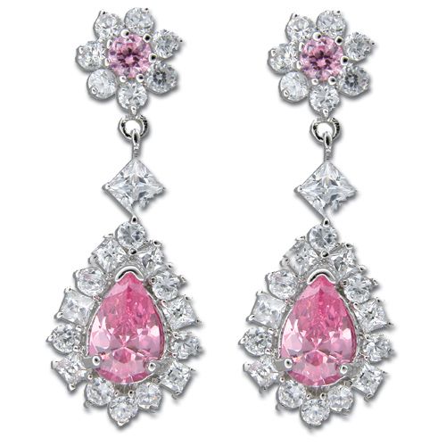 Sterling Silver Flower Design with Tear-Drop Shaped Pink Tourmaline CZ Drop Earrings 