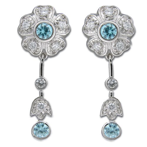 Sterling Silver Flower Design with Aquamarine Blue CZ Drop Earrings 