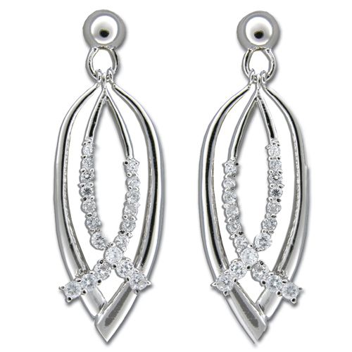 Sterling Silver Christian Fish Design with Clear CZ Dangling Earrings 