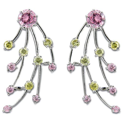 Sterling Silver Shooting Star Design with Citrine Yellow and Pink Tourmaline CZ Drop Earrings 