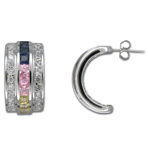 Sterling Silver Channel Set Multi-Color CZ Half-Hoop Earrings 