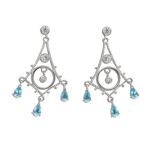 Sterling Silver Vintage Design with Aquamarine Blue CZ Earrings 