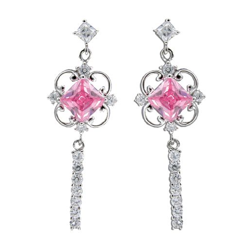 Sterling Silver Lucky Four-Leaf Clover with Clear and Tourmaline Pink CZ Drop Earrings 