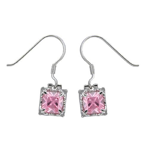 Sterling Silver Prayer Box Design with Square-Cut Pink Tourmaline CZ Fish Wire Earrings