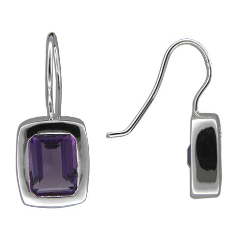 Sterling Silver Rectangular Shaped Amethyst Purple CZ Bar Fish Wire Earrings 