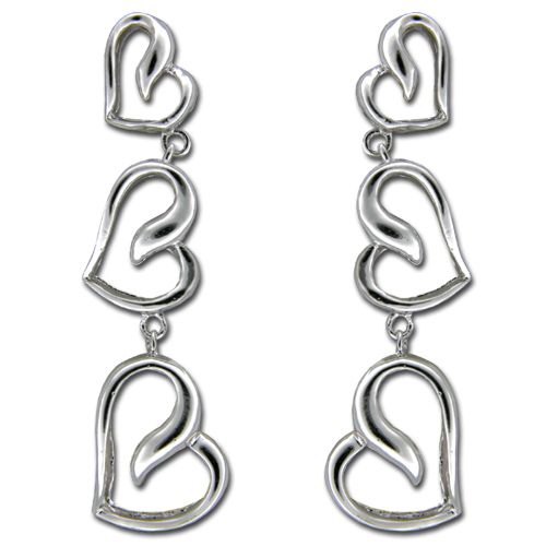Sterling Silver Triple Open Heart Dangling Earrings 