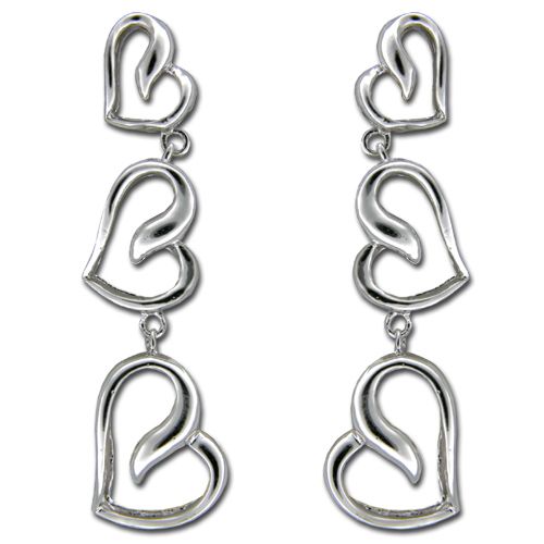 Sterling Silver Triple Open Heart Dangling Earrings