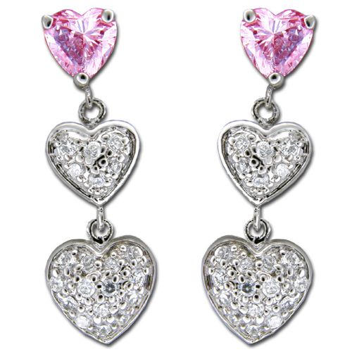 Sterling Silver Triple Heart with Clear and Pink Tourmaline CZ Drop Earrings 