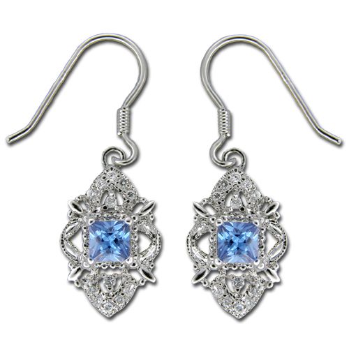 Sterling Silver Badge Design with Square-Cut Sapphire Blue CZ Earrings 
