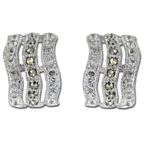 Sterling Silver Curved Triple Swirl with Channel Set Clear CZ Earrings 