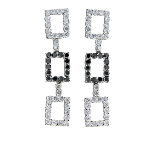 Sterling Silver Triple Open Rectangles with Channel Set Clear and Black CZ Drop Earrings 