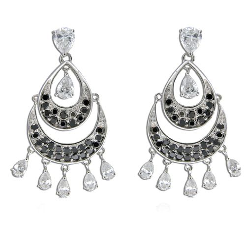 Sterling Silver Layered Teardrop with Onyx Black CZ and Clear CZ Earrings 